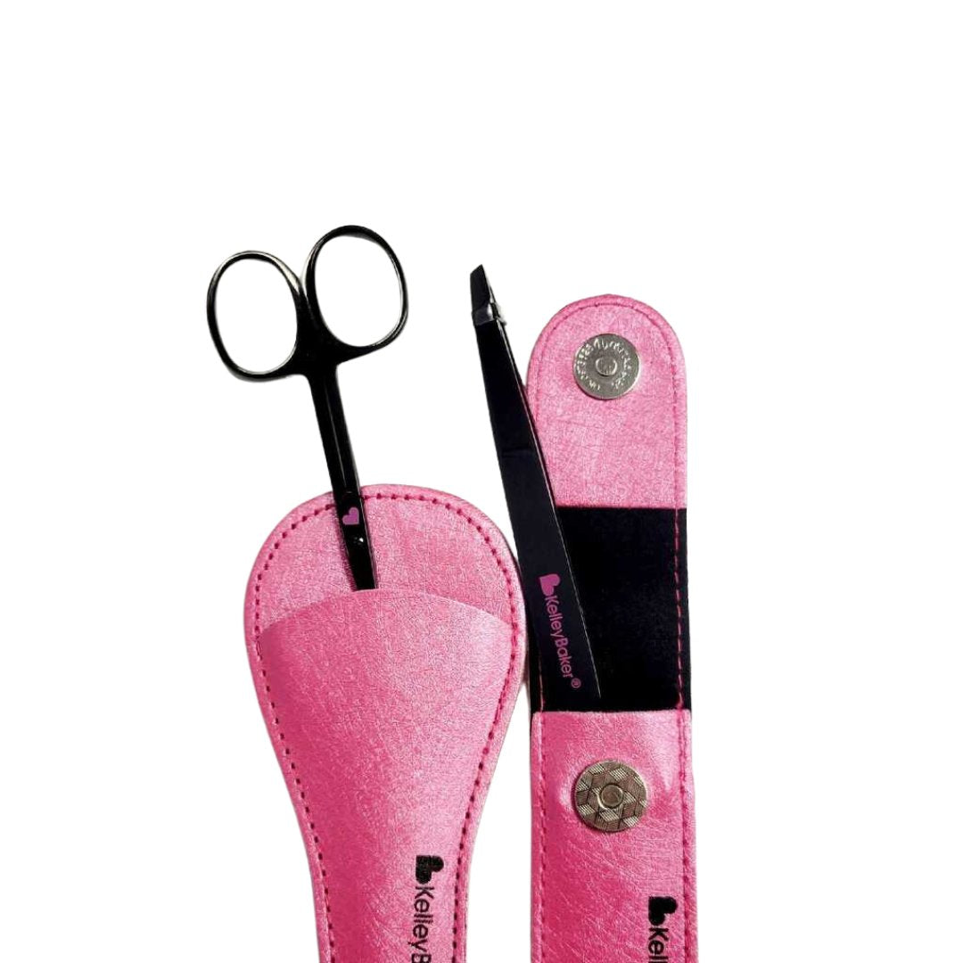 New Kelley Baker Brows Scissors and Tweezers with protective pink cases