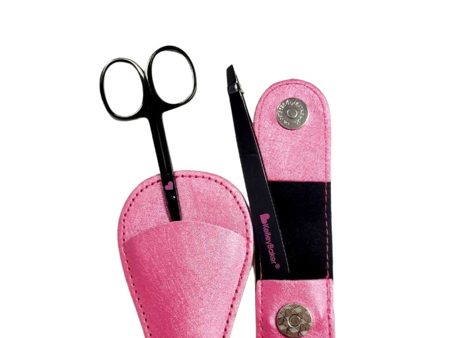 New Kelley Baker Brows Scissors and Tweezers with protective pink cases